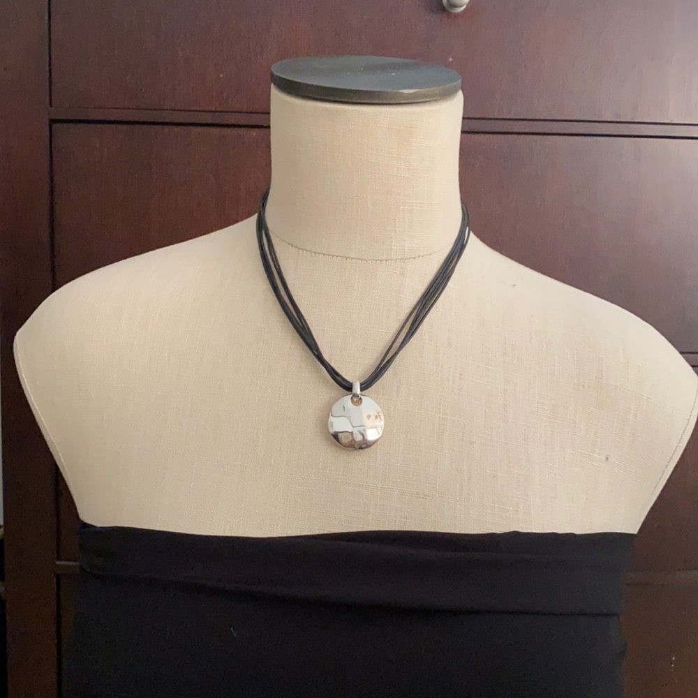 Silver medallion necklace, black 5-strand chain